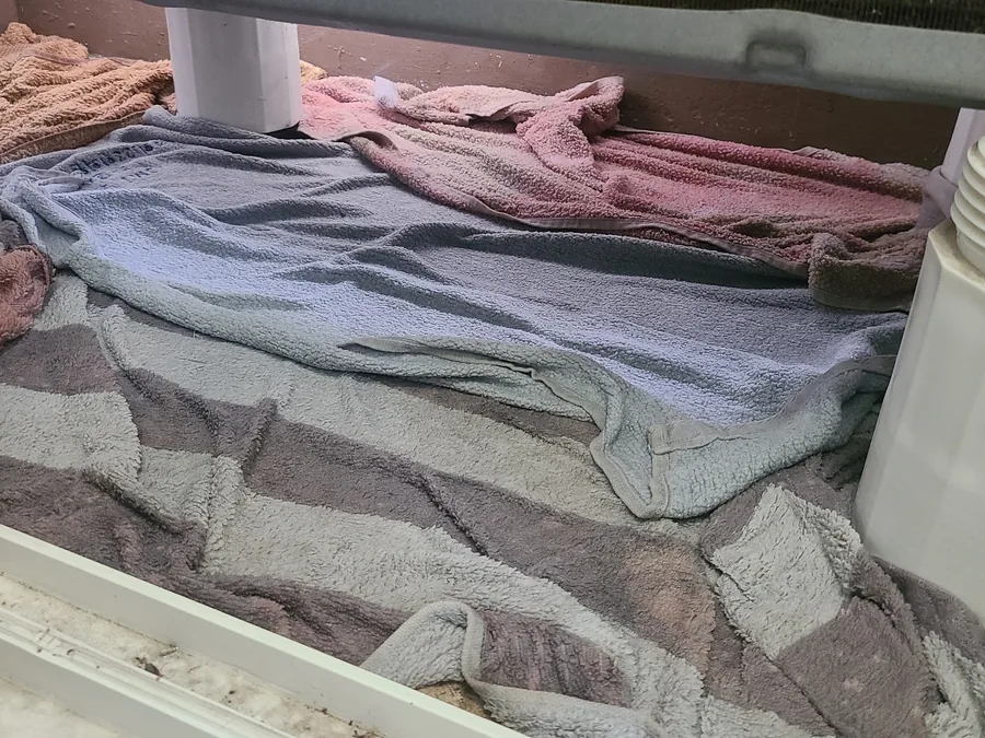 실외기 아래 오염이 심한 곳에 걸레를 덮어 불리는 모습